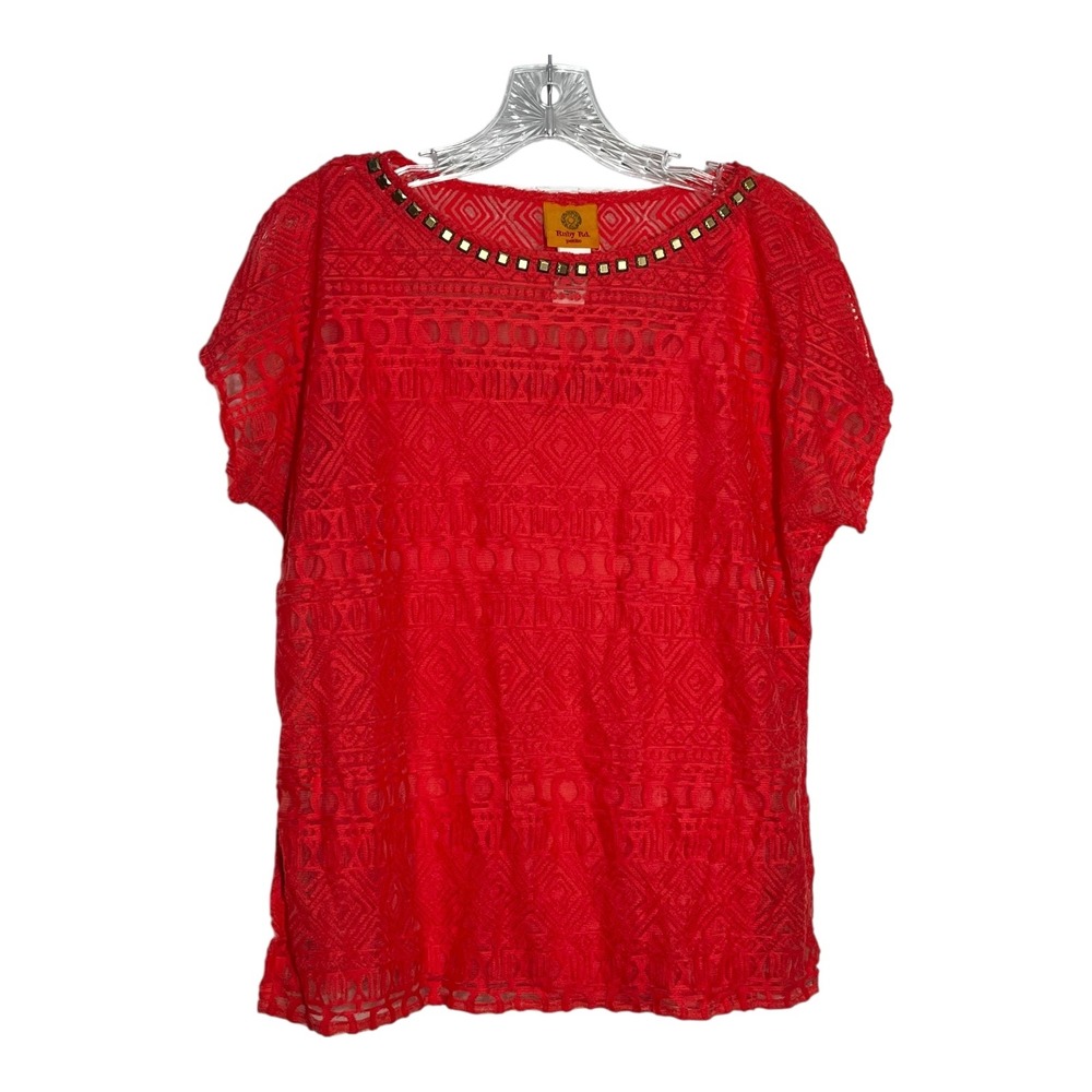 Ruby Rd. Petite‎ Red Lace Top Gold Studded Neckline Short Sleeve Blouse